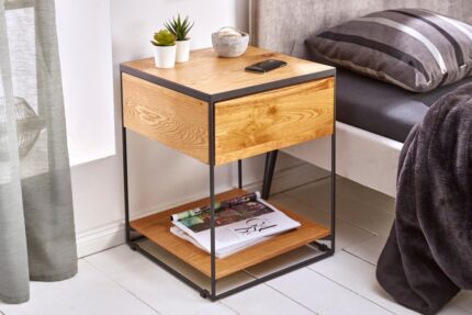 Acme Solid Wood Side Table In Natural & Black Finish For Bed-Room Furniture